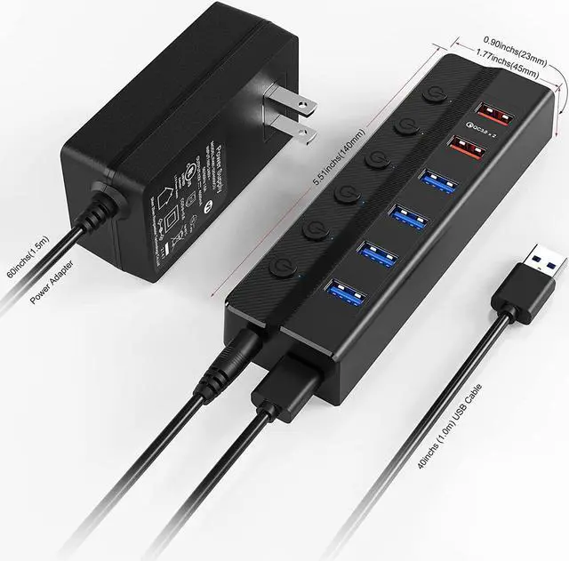 Alt view image 6 of 7 - USB Hub 3.0 Powered, 6 Ports USB Hub Splitter (4 High Speed Data Transfer Ports + 2 Smart Charging Ports) with Individual On/Off Switches and 48W Power Adapter for Mac Pro/Mini, PC, HDD, Disk