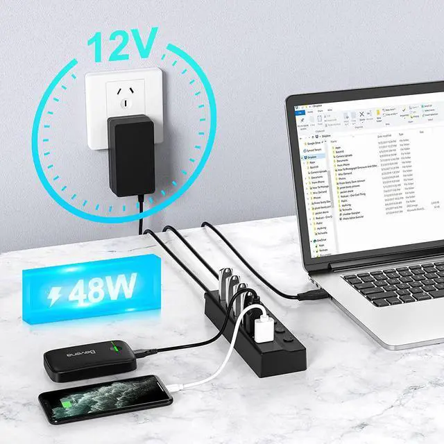 Alt view image 2 of 7 - USB Hub 3.0 Powered, 6 Ports USB Hub Splitter (4 High Speed Data Transfer Ports + 2 Smart Charging Ports) with Individual On/Off Switches and 48W Power Adapter for Mac Pro/Mini, PC, HDD, Disk