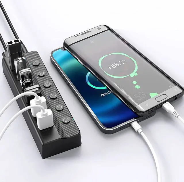 Alt view image 5 of 7 - USB Hub 3.0 Powered, 6 Ports USB Hub Splitter (4 High Speed Data Transfer Ports + 2 Smart Charging Ports) with Individual On/Off Switches and 48W Power Adapter for Mac Pro/Mini, PC, HDD, Disk