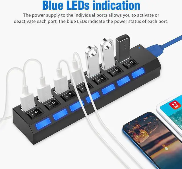 Alt view image 5 of 7 - Multi Port USB Splitter7 Port USB 3.0 Hub, USB A Port Data Hub with Independent On/Off Switch and LED Indicators, Lights for Laptop, PC, Computer, Mobile HDD, Flash Drive and More (Black)