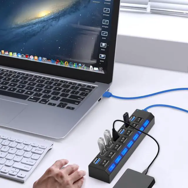 Alt view image 7 of 7 - Multi Port USB Splitter7 Port USB 3.0 Hub, USB A Port Data Hub with Independent On/Off Switch and LED Indicators, Lights for Laptop, PC, Computer, Mobile HDD, Flash Drive and More (Black)