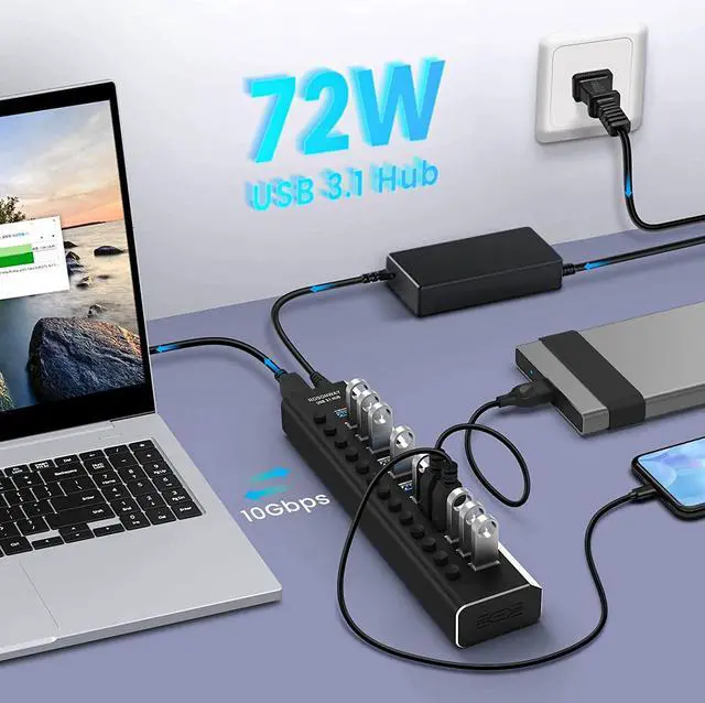 Alt view image 3 of 7 - Powered USB Hub Rosonway Aluminum 13 Port USB 3.1/3.2 Gen 2 Hub 10Gbps with 72W (12V/6A) Power Adapter and Individual Switches, Type A and Type C Cables, USB C Hub Expander for PC and Laptop, RSH-A13