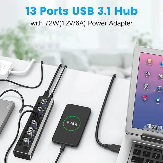 Alt view image 4 of 7 - Powered USB Hub Rosonway Aluminum 13 Port USB 3.1/3.2 Gen 2 Hub 10Gbps with 72W (12V/6A) Power Adapter and Individual Switches, Type A and Type C Cables, USB C Hub Expander for PC and Laptop, RSH-A13