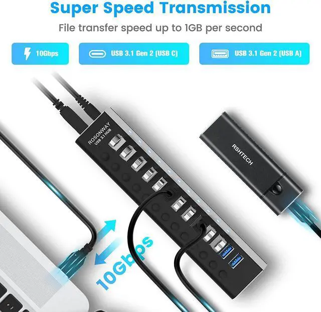 Alt view image 2 of 7 - Powered USB Hub Rosonway Aluminum 13 Port USB 3.1/3.2 Gen 2 Hub 10Gbps with 72W (12V/6A) Power Adapter and Individual Switches, Type A and Type C Cables, USB C Hub Expander for PC and Laptop, RSH-A13