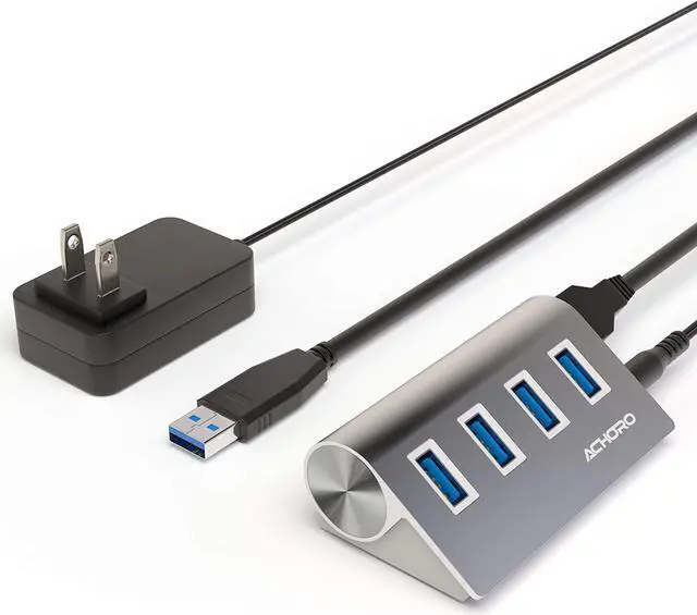 Main image of 4 Ports Computer USB Hub & Data Transfer Powered USB 3.0 Hub - Premium Quality Extra USB Ports - Aluminium Alloy External USB Port for Computer, Mac, PCs - High-Speed Powered USB Hub (Silver)