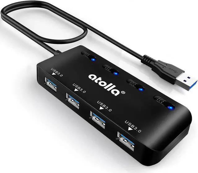 Main image of USB Hub 4-Port USB 3.0 Hub Splitter with 2 ft Extended Cable Ultra Slim Data USB Extender with Individual Power Switches and LED