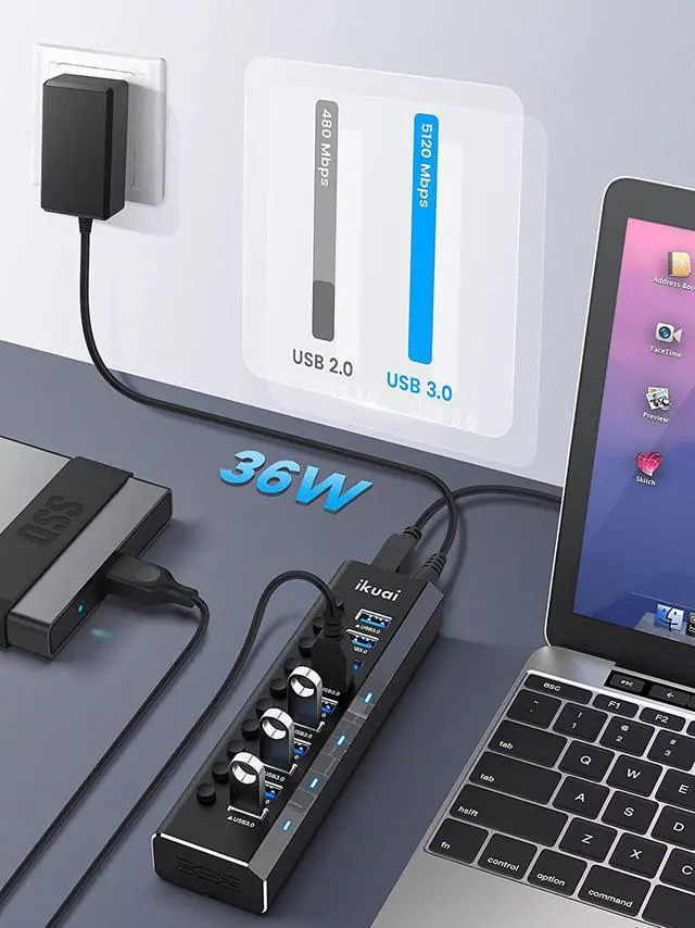 Alt view image 2 of 7 - Powered USB Hub 3.0 Aluminum 10 Port USB 3.0 Data Hub Splitter with 12V/3A 36W Power Adapter and Individual On/Off Switches for Desktop PC Laptop and More