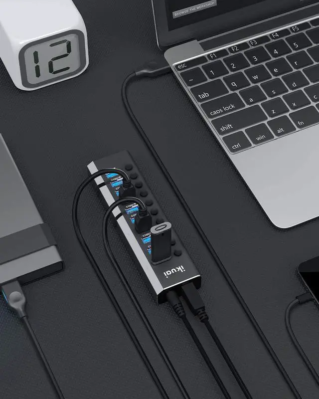 Alt view image 4 of 7 - Powered USB Hub 3.0 Aluminum 10 Port USB 3.0 Data Hub Splitter with 12V/3A 36W Power Adapter and Individual On/Off Switches for Desktop PC Laptop and More