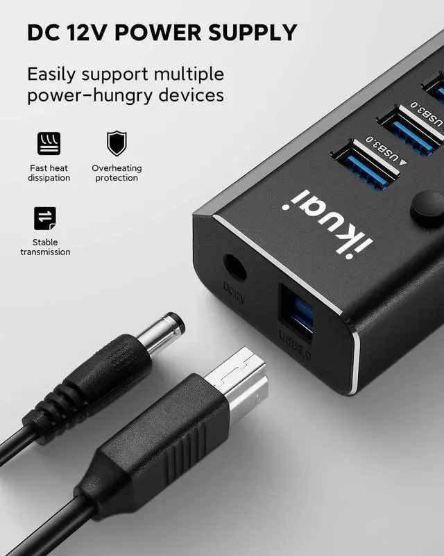 Alt view image 5 of 7 - Powered USB Hub 3.0 Aluminum 10 Port USB 3.0 Data Hub Splitter with 12V/3A 36W Power Adapter and Individual On/Off Switches for Desktop PC Laptop and More