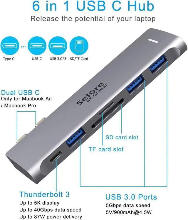 Alt view image 2 of 7 - USB C Adapter for MacBook Pro/MacBook Air M1 2020 2019 2018 13" 15" 16", 6 in 1 USB-C Hub MacBook Pro Accessories with 3 USB 3.0 Ports,USB C to SD/TF Card Reader and 100W Thunderbolt 3 PD Port