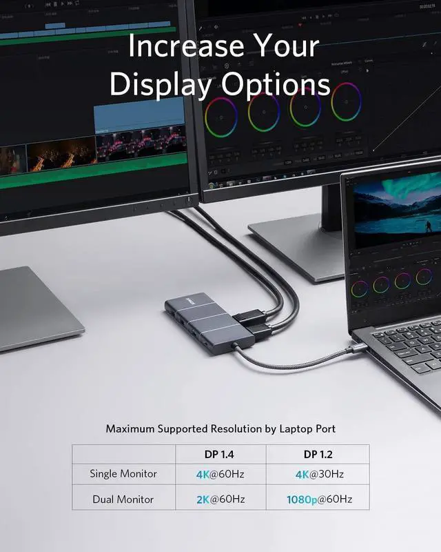 Alt view image 3 of 7 - Anker USB C Hub, PowerExpand 11-in-1 Docking Station, with 4K@60Hz HDMI and DP, 100W Power Delivery, USB-C and 3 USB-A Data Ports, 1 Gbps Ethernet, 3.5mm Audio, microSD and SD Card Reader