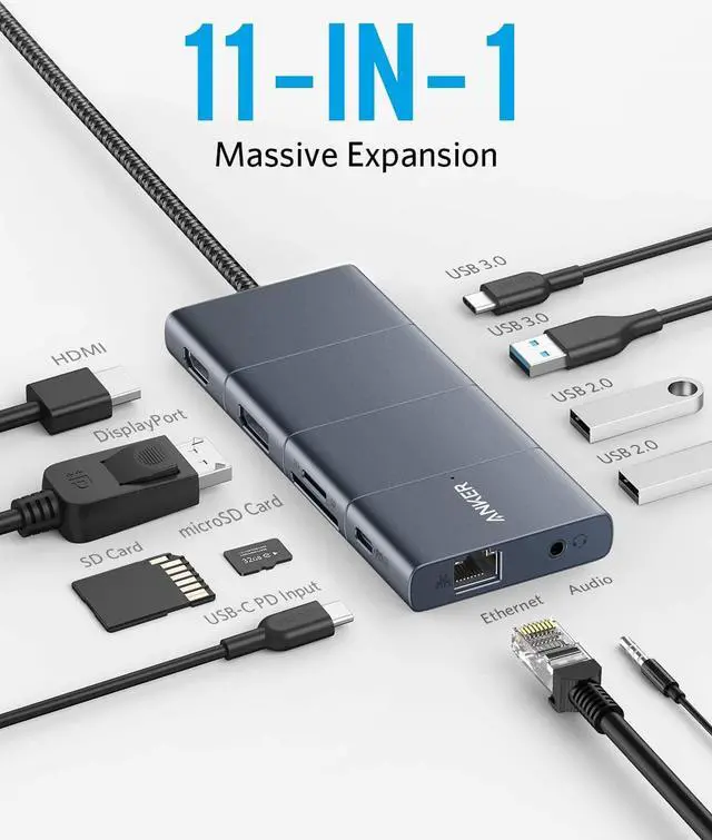 Alt view image 2 of 7 - Anker USB C Hub, PowerExpand 11-in-1 Docking Station, with 4K@60Hz HDMI and DP, 100W Power Delivery, USB-C and 3 USB-A Data Ports, 1 Gbps Ethernet, 3.5mm Audio, microSD and SD Card Reader