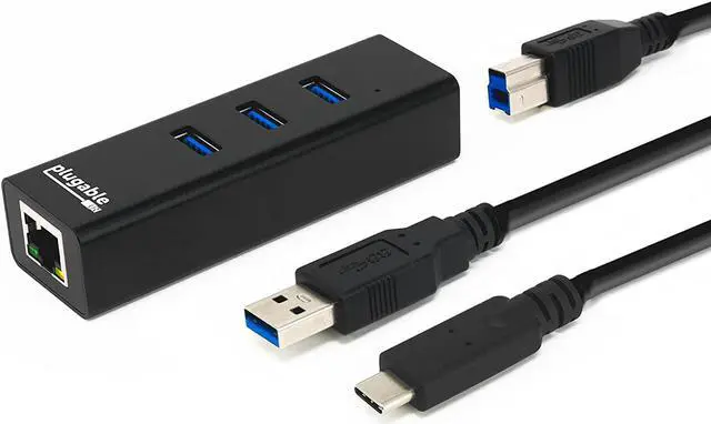 Main image of Plugable USB Hub with Ethernet, 3 Port USB 3.0 Bus Powered Hub with Gigabit Ethernet Compatible with Windows, MacBook, Linux, Chrome OS, Includes USB C and USB 3.0 Cables