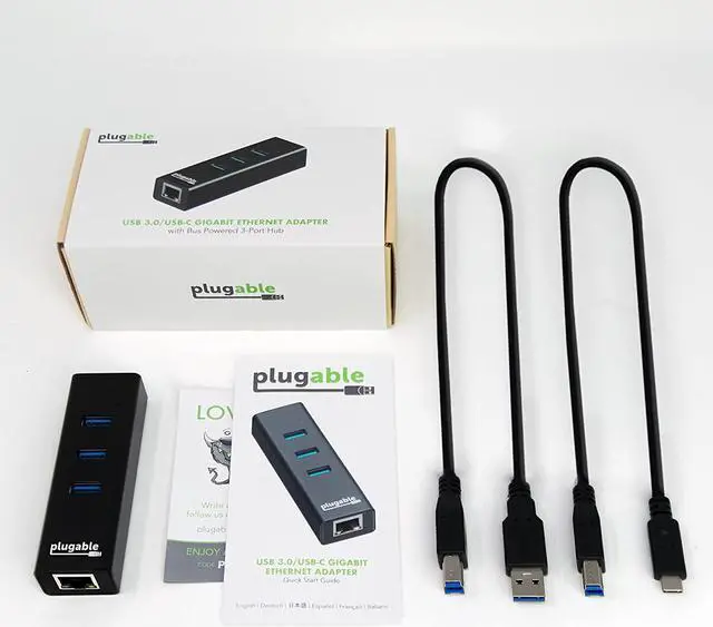 Alt view image 7 of 7 - Plugable USB Hub with Ethernet, 3 Port USB 3.0 Bus Powered Hub with Gigabit Ethernet Compatible with Windows, MacBook, Linux, Chrome OS, Includes USB C and USB 3.0 Cables