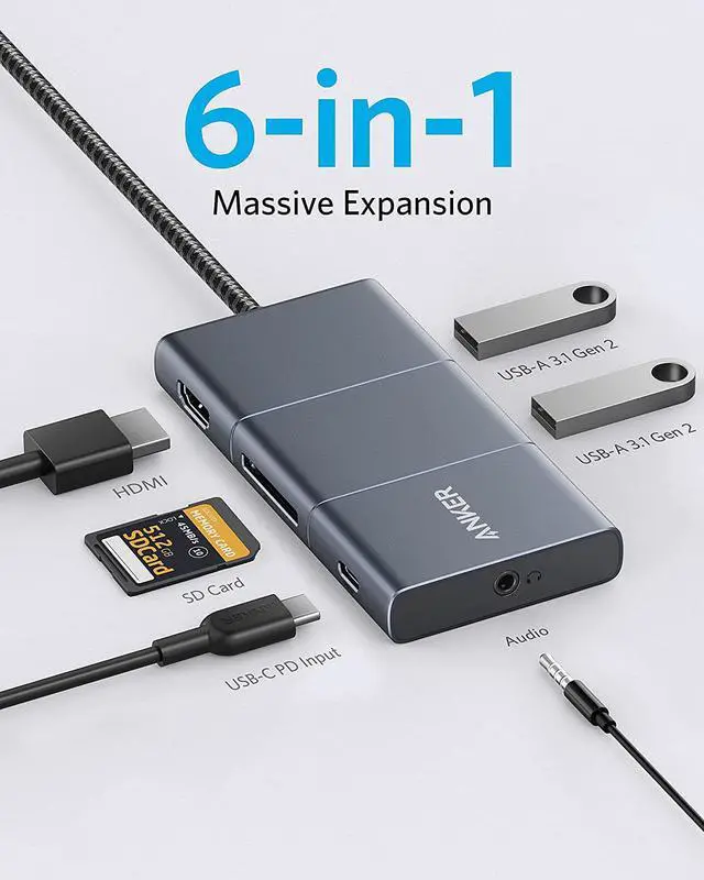 Alt view image 2 of 7 - Anker USB C Hub, PowerExpand 6-in-1 USB-C Adapter, with 4K@60Hz HDMI, 100W Power Delivery, 10 Gbps USB C and 2 USB A Ports, SD Card Reader and 3.5mm Audio, for MacBook Air, MacBook Pro, XPS, and More