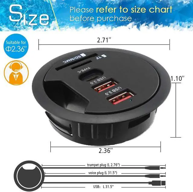 Alt view image 2 of 6 - Desk-Fit USB 3.0 Hub (Diameter 2.36" or 60MM) 2 Port Type-A and 1 Port Type-C with SD/TF Card Reader,Compatible Charging and Data Transmission,