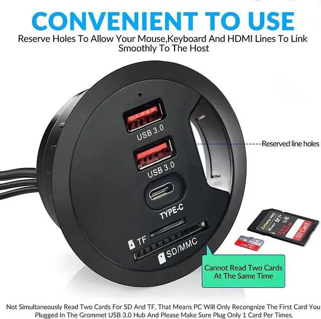 Alt view image 4 of 6 - Desk-Fit USB 3.0 Hub (Diameter 2.36" or 60MM) 2 Port Type-A and 1 Port Type-C with SD/TF Card Reader,Compatible Charging and Data Transmission,
