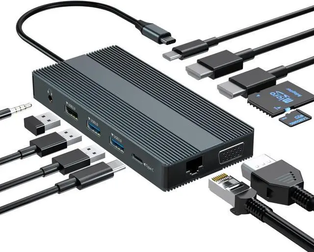 Main image of USB C Docking Station Dual Monitor,12 in 1 Triple Display USB C Hub Multiport Adapter Heat Dissipation Shell with 2 HDMI 4K+VGA+Ethernet+3 USB-C +PD 100W+SD/TF+Audio for MacBook, Other Laptop