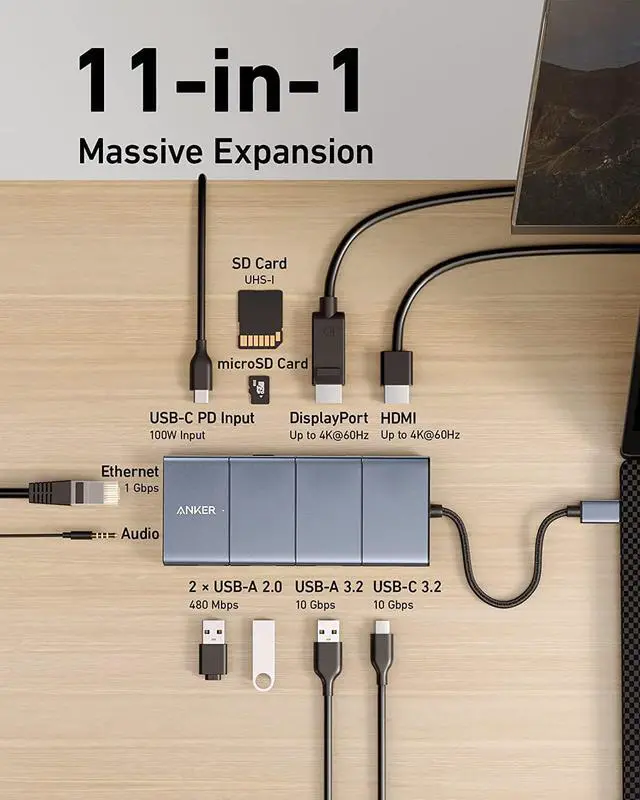 Alt view image 2 of 6 - Anker 565 11-in-1 USB C Hub, 10 Gbps USB-C and USB-A Data Ports, 4K HDMI and DisplayPort, 100W Power Delivery, 2 USB 2.0 Data Ports, Ethernet, AUX, microSD and SD Card Slots, for XPS and More