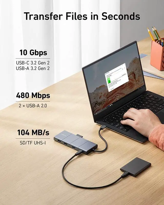Alt view image 3 of 6 - Anker 565 11-in-1 USB C Hub, 10 Gbps USB-C and USB-A Data Ports, 4K HDMI and DisplayPort, 100W Power Delivery, 2 USB 2.0 Data Ports, Ethernet, AUX, microSD and SD Card Slots, for XPS and More