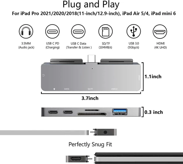 Alt view image 2 of 7 - iPad Pro USB C Hub, 7-in-1 Adapter for iPad Pro 2021 2020 12.9 11 inch iPad Air 5 4 Docking Station with 4K HDMI, USB-C PD, SD/TF Card Reader, USB 3.0, 3.5mm Headphone Jack, iPad Mini 6 Accessories
