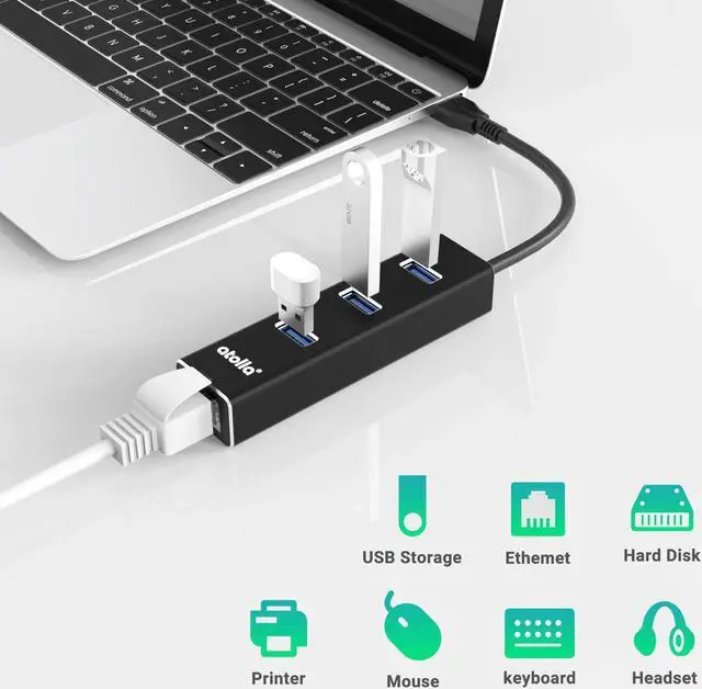 Alt view image 5 of 7 - USB to Ethernet Adapter, atolla 3 Ports USB 3.0 Hub with 10/100/1000 Mbps LAN RJ45 Gigabit Network Adapter, Supports Windows 10/8/7, Mac OS, Linux