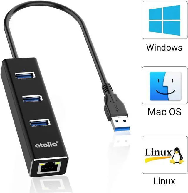 Alt view image 7 of 7 - USB to Ethernet Adapter, atolla 3 Ports USB 3.0 Hub with 10/100/1000 Mbps LAN RJ45 Gigabit Network Adapter, Supports Windows 10/8/7, Mac OS, Linux