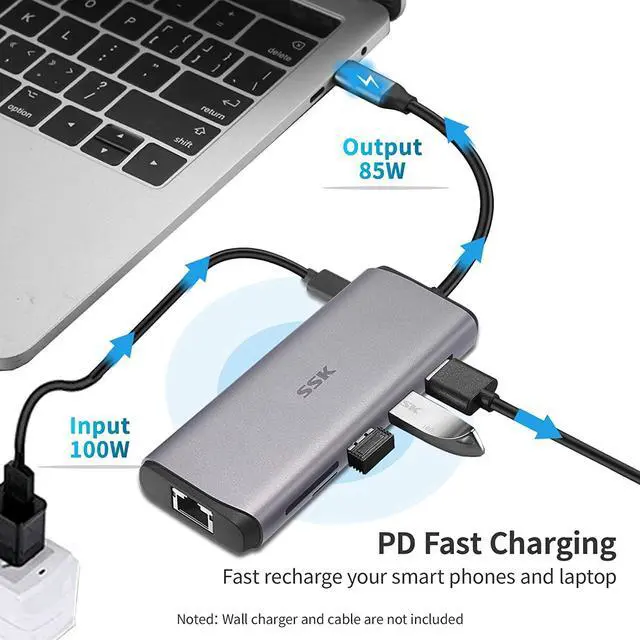 Alt view image 3 of 7 - SSK USB C Hub, 8-in-1 Type C Multiport Hub to HDMI Adapter with RJ45 Ethernet, 4K60Hz HDMI, PD3.0 Powered, 3 USBs, SD/TF Card Reader USB C Dock for MacBook/Pro/Air and More