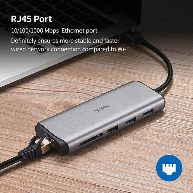Alt view image 6 of 7 - SSK USB C Hub, 8-in-1 Type C Multiport Hub to HDMI Adapter with RJ45 Ethernet, 4K60Hz HDMI, PD3.0 Powered, 3 USBs, SD/TF Card Reader USB C Dock for MacBook/Pro/Air and More