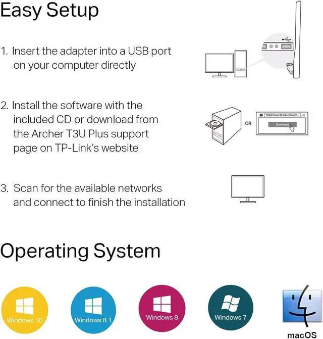 Alt view image 6 of 7 - USB WiFi Adapter for Desktop PC AC1300 USB 3.0 Wireless Dual Band Network Adapter with High Gain Antenna(Archer T3U Plus) MU-MIMO Windows 11/10/8.1/8/7/XP Mac OS 10.9-10.15