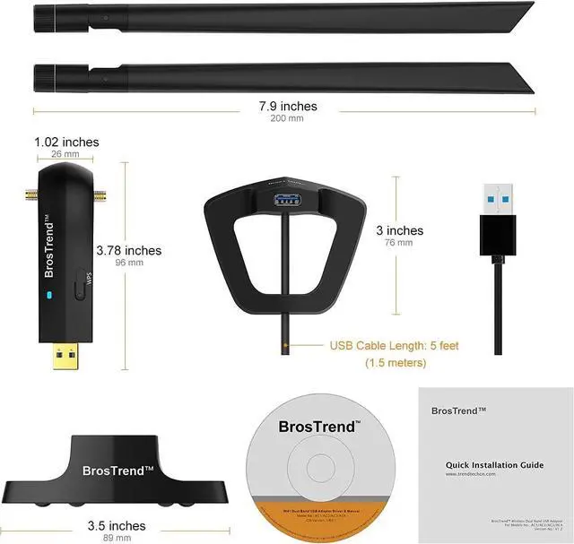 Alt view image 7 of 7 - 1200Mbps Long Range USB WiFi Adapter for PC Desktop Laptop of Windows 11/10/8.1/8/7, Wireless Adapter Dual Band 2.4GHz 300Mbps + 5GHz 867Mbps, 2X 5dBi High Gain Antennas, USB 3.0 Cradle