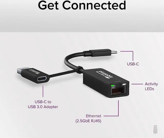 Alt view image 2 of 6 - Plugable 2.5G USB C and USB to Ethernet Adapter, 2-in-1 Adapter Compatible with USB C/Thunderbolt 3 or USB 3.0, USB-C to RJ45 2.5 Gigabit LAN Compatible with Mac and Windows