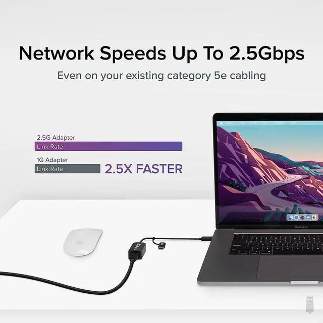 Alt view image 3 of 6 - Plugable 2.5G USB C and USB to Ethernet Adapter, 2-in-1 Adapter Compatible with USB C/Thunderbolt 3 or USB 3.0, USB-C to RJ45 2.5 Gigabit LAN Compatible with Mac and Windows