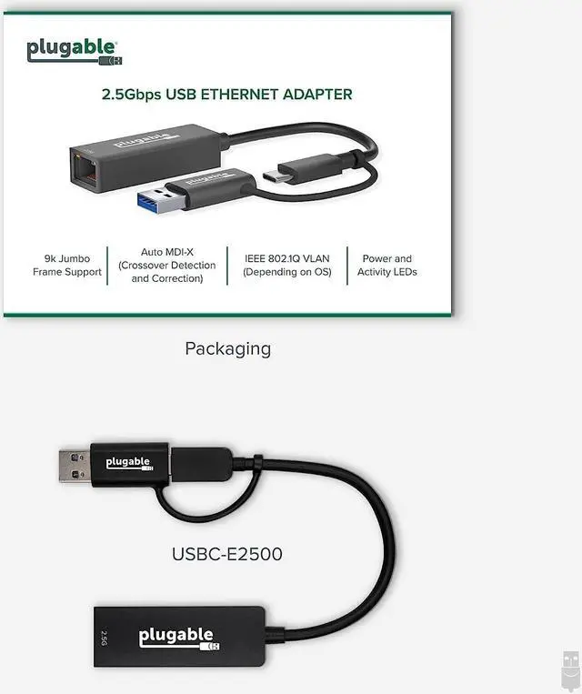 Alt view image 7 of 7 - Plugable 2.5G USB C and USB to Ethernet Adapter, 2-in-1 Adapter Compatible with Thunderbolt 3 or USB 3.0, USB-C to RJ45 2.5 Gigabit LAN Ethernet, Compatible with Mac and Windows