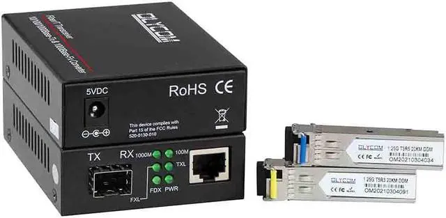 Alt view image 5 of 6 - A Pair of Gigabit Ethernet Fiber Optical Media Converter Bidi 10/100/1000Base-Tx Optic SM 20km to RJ45 Port with 1.25Gbs SFP Transceivers