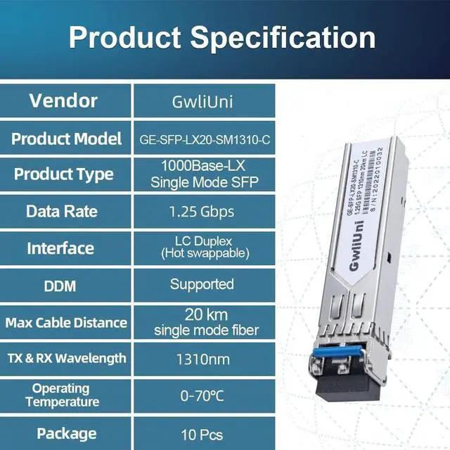 Alt view image 7 of 7 - 10Pcs 1.25G Single Mode SFP Fiber Module Network Transceiver, LX SM 1310nm 20km, Duplex LC Interface for Switch, Router, Firewall, Network Card, Media Converter etc