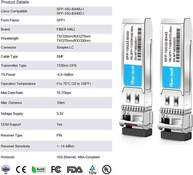 Alt view image 5 of 7 - 10G BiDi SFP+ Transceiver a Pair for Juniper Networks EX-SFP-10GE-BX23-40/EX-SFP-10GE-BX32-40 Compatible 10GBASE-BX40-D/BX40-U BiDi SFP+ 1270nm and 1330nm 40km DOM Transceiver Module
