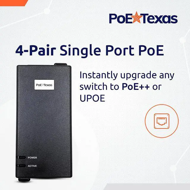 Alt view image 2 of 6 - Poe Texas PoE Injector - 802.3bt PoE++ Single Port 4 Pair Power Over Ethernet Injector - 6KV Surge Protection - Active PoE Adapter 55V 60W Output - 10/100/1000 Gigabit Data - Wall Mount Plug & Play