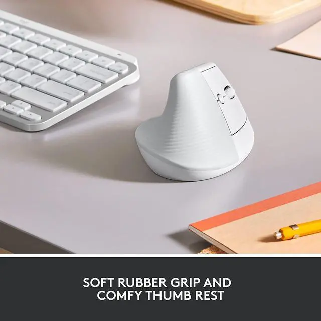 Alt view image 2 of 7 - Logitech Lift Vertical Ergonomic Mouse, Wireless, Bluetooth or Logi Bolt USB receiver, Quiet clicks, 4 buttons, compatible with Windows/macOS/iPadOS, Laptop, PC - Off White