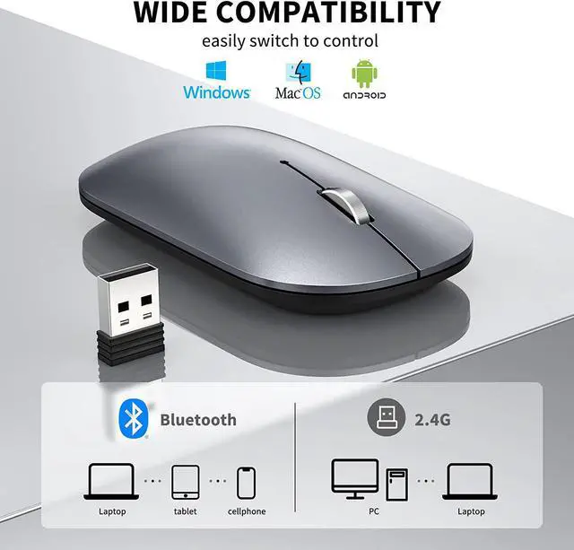 Alt view image 6 of 7 - Bluetooth Mouse, Slim Silent Rechargeable Wireless Mouse Bluetooth 5.0/3.0 2.4G Portable Optical Cordless Mice with USB Receiver 4 Adjustable DPI for MacBook iPad Windows Computer Laptop PC