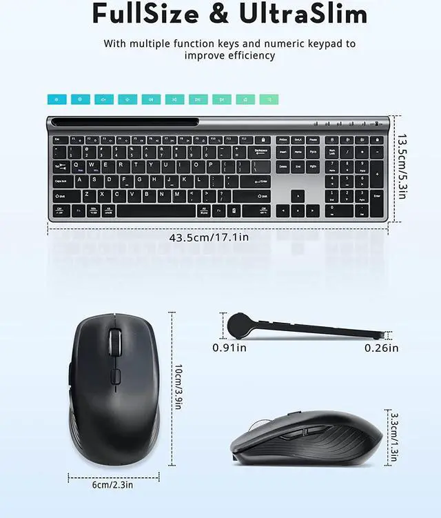 Alt view image 7 of 7 - Wireless Keyboard and Mouse Combo, Samsers Ultra Slim Rechargeable Dual-Mode (Bluetooth 5.0x2 +2.4G) Silent Keyboard and Mouse Set, Multi-Device Full-Size Compact Design for MacOS/iOS/Android/Windows