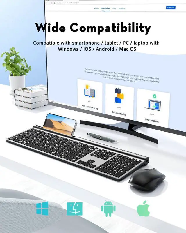Alt view image 6 of 7 - Wireless Keyboard and Mouse Combo, Samsers Ultra Slim Rechargeable Dual-Mode (Bluetooth 5.0x2 +2.4G) Silent Keyboard and Mouse Set, Multi-Device Full-Size Compact Design for MacOS/iOS/Android/Windows