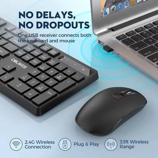 Alt view image 2 of 6 - Wireless Keyboard and Mouse Combo, COLIKES 2.4G USB Cordless Mouse and Keyboard, 3 Level DPI Slim Ergonomic Mouse, Responsive Plug & Play for Computer Laptop PC - Full Size