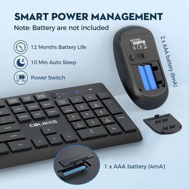 Alt view image 6 of 6 - Wireless Keyboard and Mouse Combo, COLIKES 2.4G USB Cordless Mouse and Keyboard, 3 Level DPI Slim Ergonomic Mouse, Responsive Plug & Play for Computer Laptop PC - Full Size