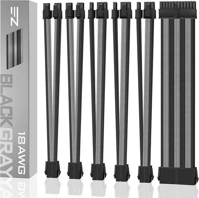 Main image of EZDIY-FAB PSU Cable Extension Sleeved Custom Mod GPU PC Power Supply Soft Nylon Braided with Comb Kit 24PIN/3x 8PIN to 6+2Pin/ 2X 8PIN to 4+4PIN-300MM/11.9in - Black Grey