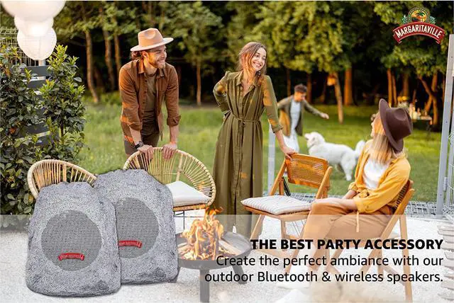 Alt view image 4 of 5 - Margaritaville On The Rock Outdoor Bluetooth Wireless Speaker | Durable Bluetooth Speakers, Fantastic Yard or Patio Decor, IPX-4 Waterproof Rated, Granite Grey (Two Pack)