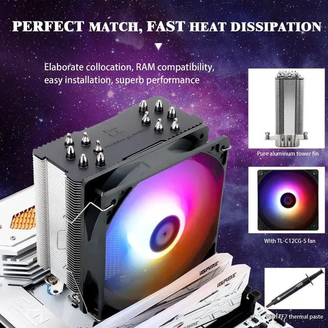 Alt view image 4 of 7 - BA120 ARGB CPU Air Cooler, 6 Heat Pipes, TL-C12CG-S PWM Quiet Fan CPU Cooler with S-FDB Bearing, for AMD AM4/AM5/Intel 1700/1150/1151/1200/1851, PC Cooler