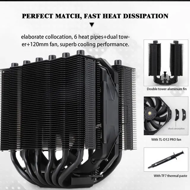 Alt view image 4 of 6 - Thermalright Silver Soul 135 Black Dual Tower CPU Air Cooler, 6x6mm Heat Pipes, TL-D12PRO PWM Fan, Aluminium Heatsink Cover, AGHP Technology, for AMD AM4/AM 5 Intel 1700/1150/1151/1200/2011/2066