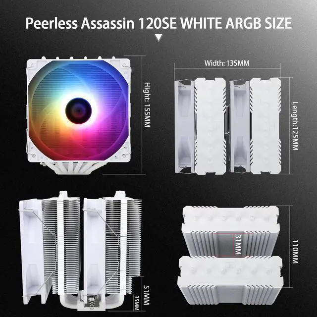 Alt view image 5 of 6 - Thermalright Peerless Assassin 120 SE White ARGB CPU Air Cooler, 6 Heat Pipes,Dual 120mm TL-C12CW-S Fan, Aluminium Cover, AGHP Technology, for AMD AM4/Intel LGA 1150/1151/1155/1156/1200/1700