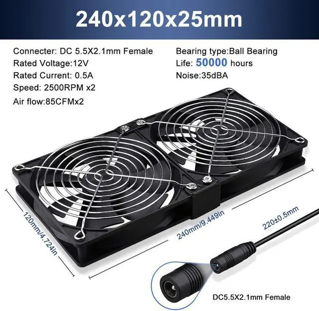 Alt view image 2 of 6 - Wathai Big Airflow 2 x 120mm 240mm Computer Fan with AC Plug Cabinet Fan 110V 240V AC Power Supply, Speed Controller 3V to 12V, for Mining Machine Chassis Server Workstation Cooling